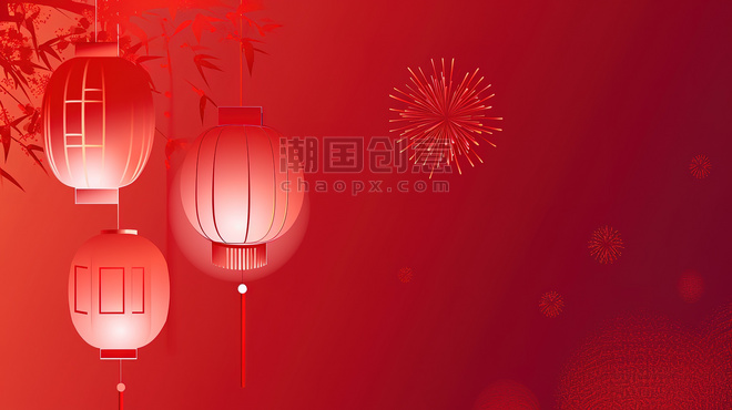 创意红色中国灯笼和烟花春节素材