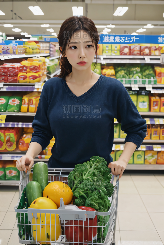 创意超市里购物的女生采购人像