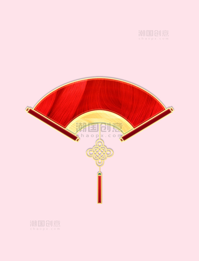 红金剪纸浮雕扇形卷轴中国结春节装饰元素