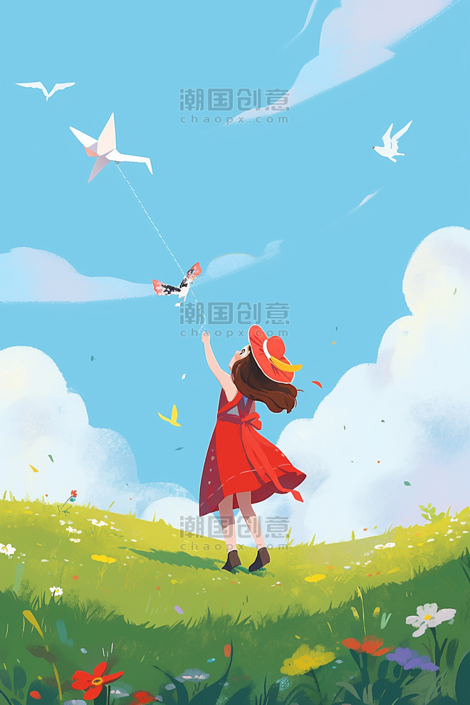 创意可爱女孩放风筝春天公园游玩纸鸢插画
