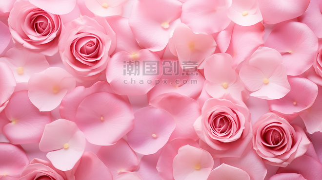 情人节浪漫唯美粉色玫瑰花瓣平铺图片