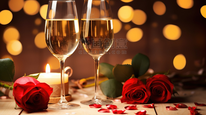 创意玫瑰和香槟庆祝情人节浪漫烛光晚餐