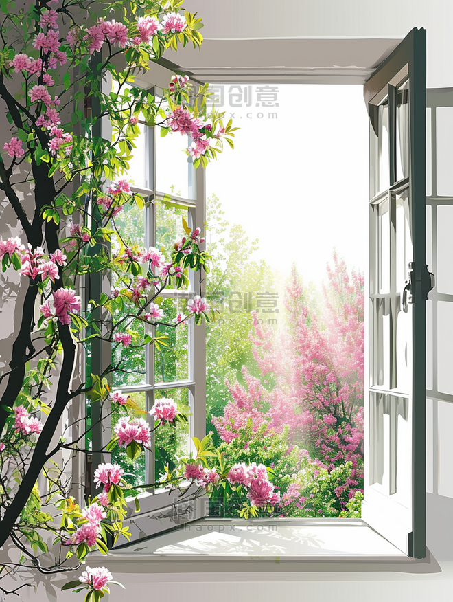 创意手绘春季窗台春天水彩摆放的花卉爬藤插画15