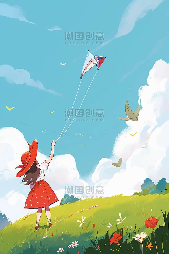 创意春天可爱女孩园游玩纸鸢插画手绘放风筝插画