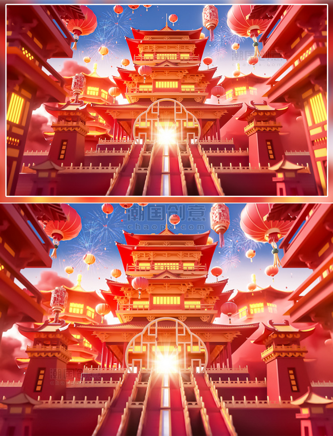 新年龙年3D立体国潮中国风建筑中式展台春节场景