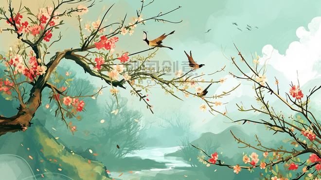 创意手绘彩色春季春天国潮中国风山水山水树枝插画1