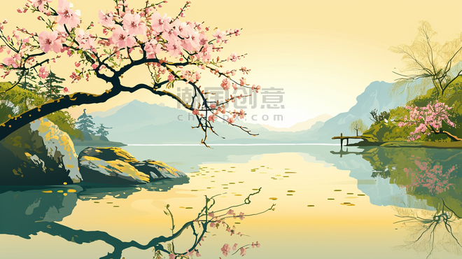 创意手绘公园中国风山水树木风景插画10