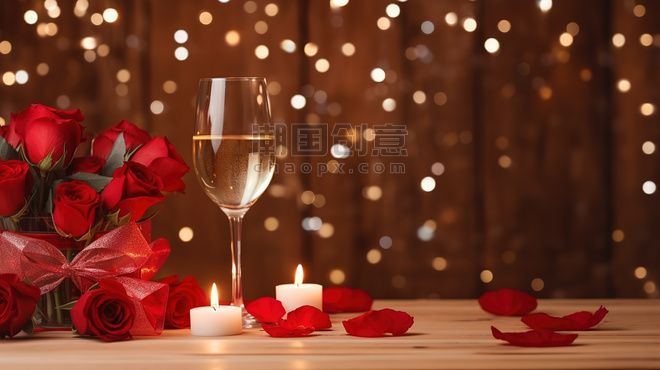 创意情人节浪漫烛光晚餐玫瑰和香槟庆祝