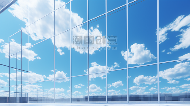 创意蓝色城市商务办公楼天空倒影背景