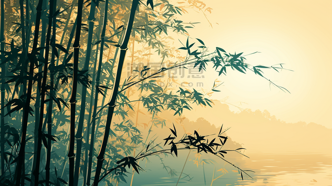 创意朦胧森林深处竹子中国风竹林背景唯美插画8