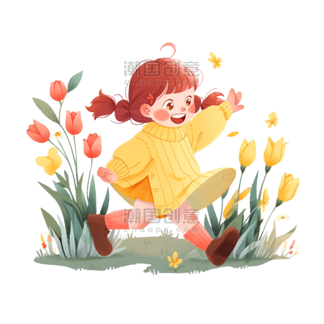 创意春天可爱女孩奔跑花丛卡通儿童手绘元素