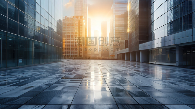 创意城市中心摩天大楼的街道仰视图素材