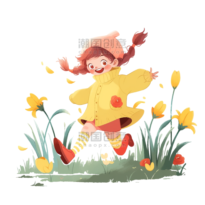 创意儿童可爱女孩奔跑花丛卡通春天手绘元素