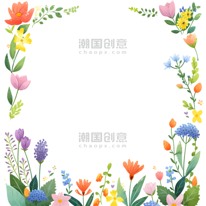 创意春天元素花草植物卡通边框手绘免抠