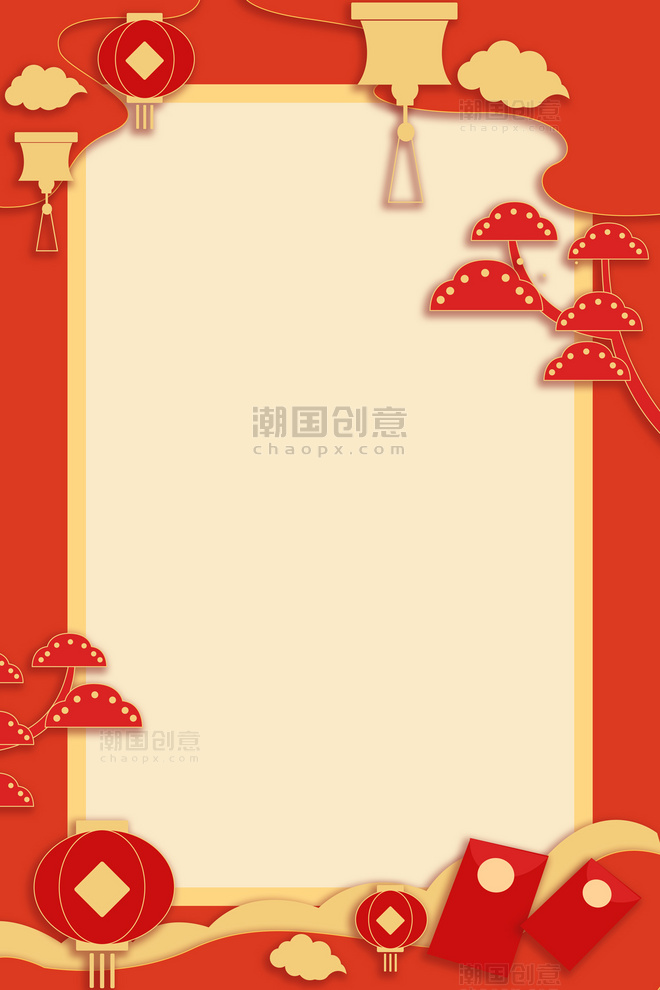 龙年春节灯笼红包红色剪纸风边框背景
