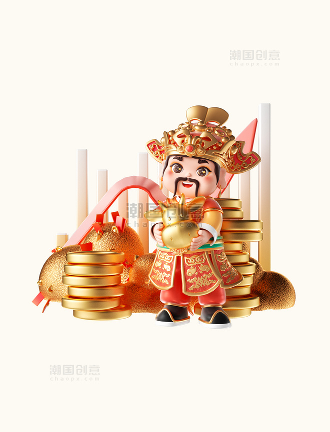春节正月初五年俗3D立体国潮中国风财神人物形象股市暴涨