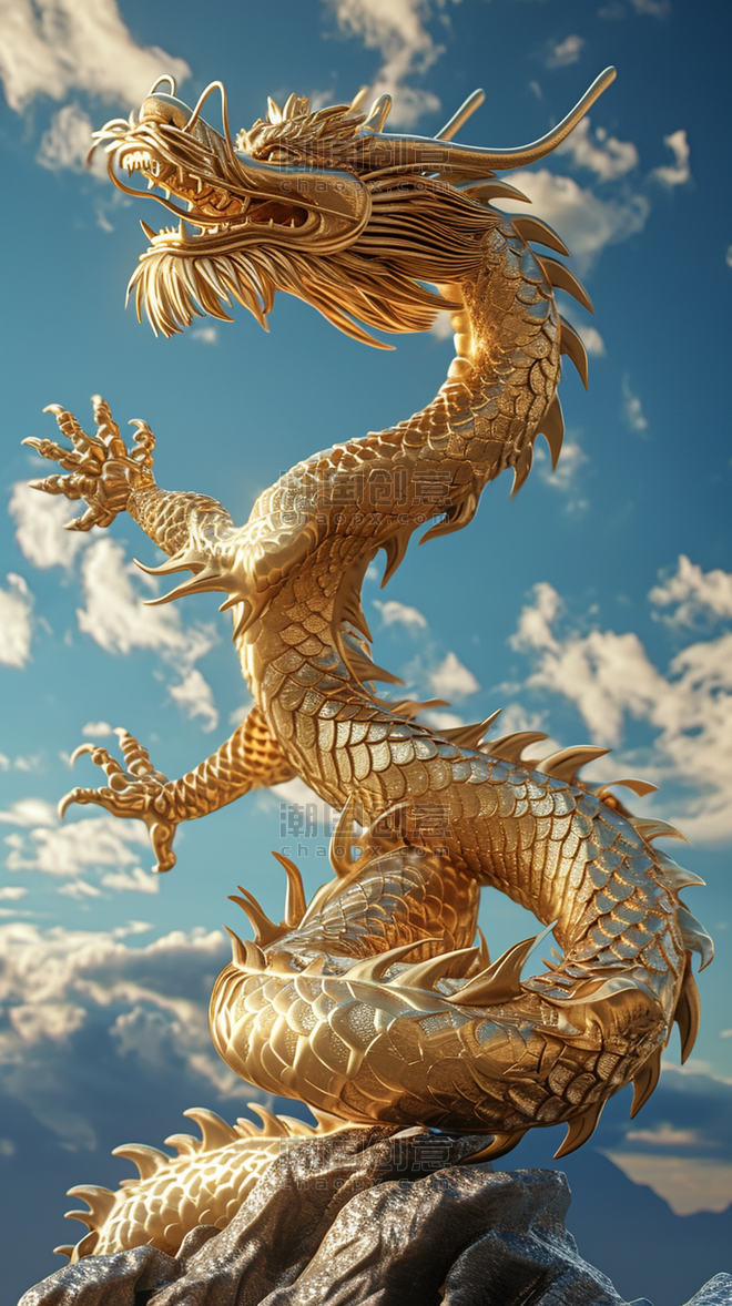 创意龙年立体金色的龙天空插画神兽