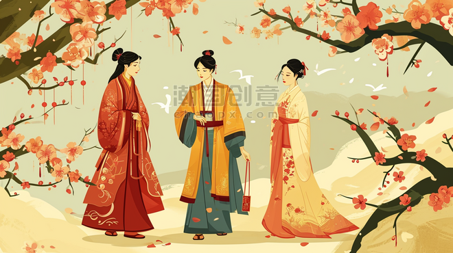 创意中国古代女子中国风聚会聊天插画23