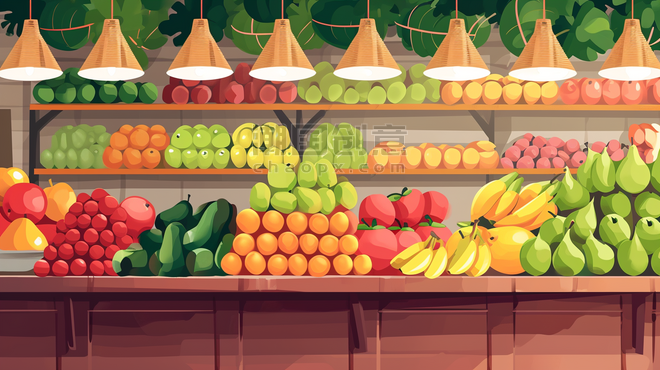 创意手绘水果店各式各样水果超市货架场景插画15