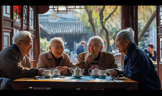 创意老年朋友欢聚喝茶聊天茶馆退休生活老年人