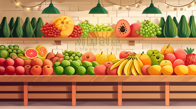 创意手绘水果店各式各样水果场景超市货架插画10