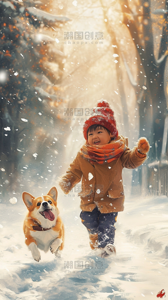 创意春节冬天冬季新年孩子小狗雪地玩耍油画原创插画
