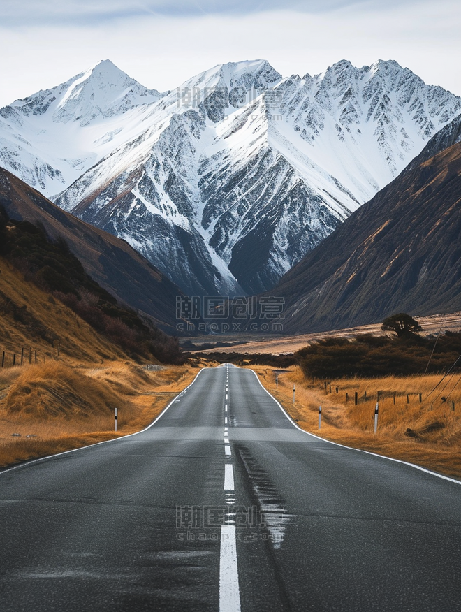 创意雪山下的公路新西兰自驾风光高山雪山道路
