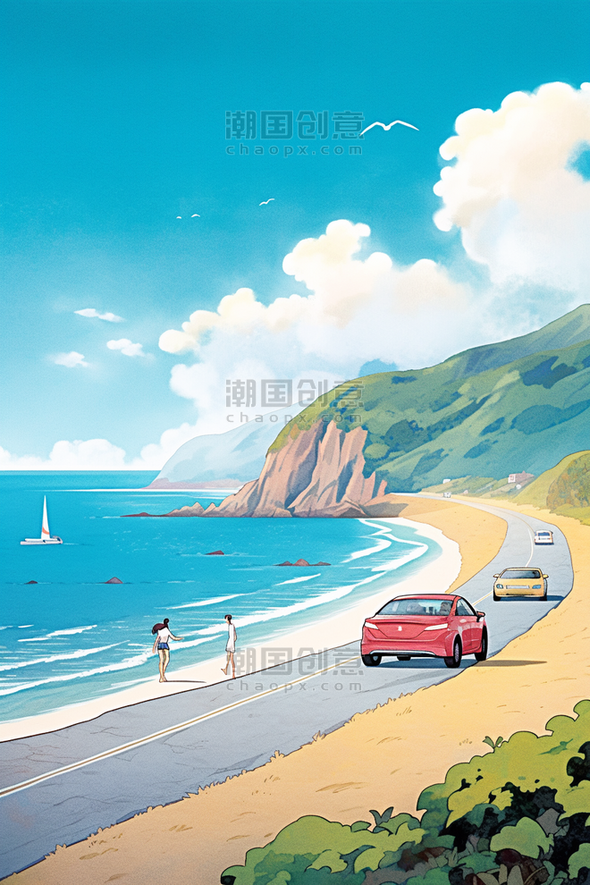 创意春天唯美海边度假旅游海岸线风景插画