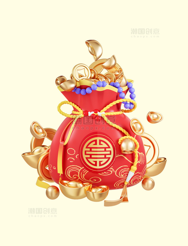 3D立体春节国潮丝带抽绳福袋金币项链元宝电商元素