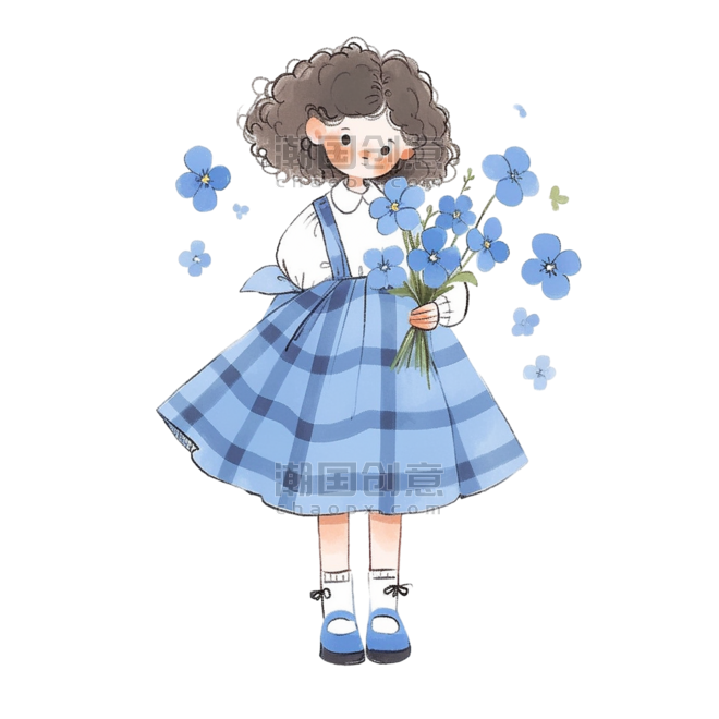 创意手绘春天可爱女孩花卉卡通蓝色水彩人物儿童元素