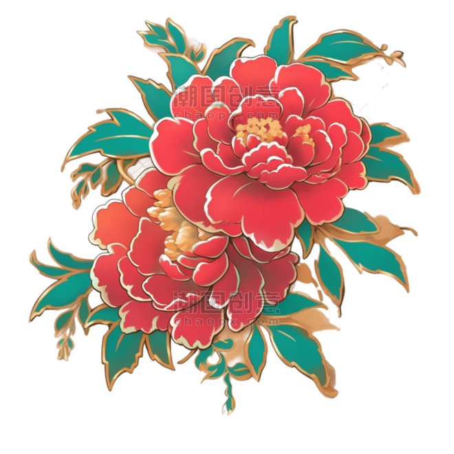 创意鎏金国潮金线描边植物红牡丹花水彩画新年春节元素
