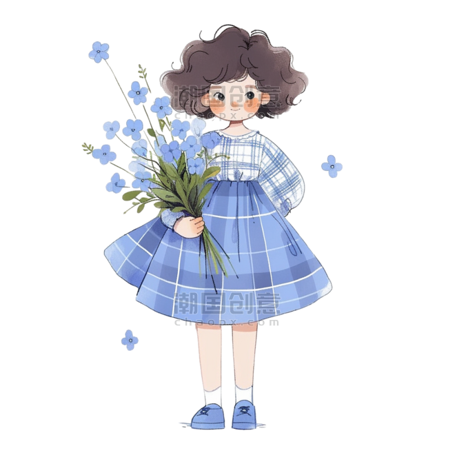 创意春天手绘元素可爱女孩蓝色水彩人物儿童花卉卡通