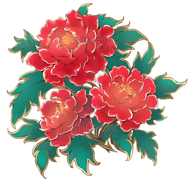 创意鎏金国潮金线描边植物红牡丹花水彩画新年节日元素