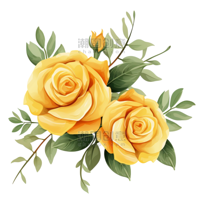 创意黄色玫瑰花植物水彩画情人节装饰元素