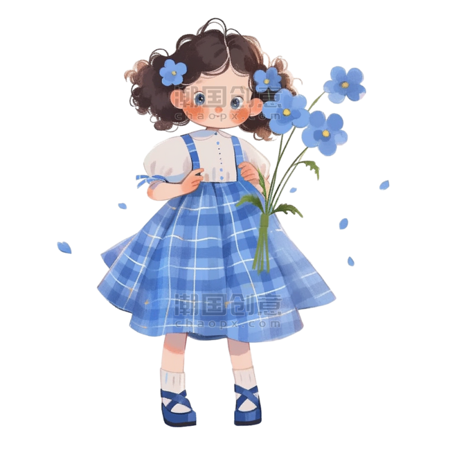 创意蓝色水彩人物儿童春天手绘可爱女孩花卉卡通元素