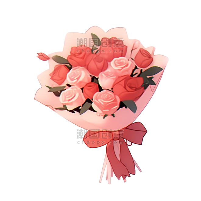 创意情人节粉色玫瑰花水彩卡通花束装饰元素