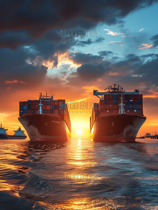 创意夕阳物流国际集装箱船舶货物货机货运海运