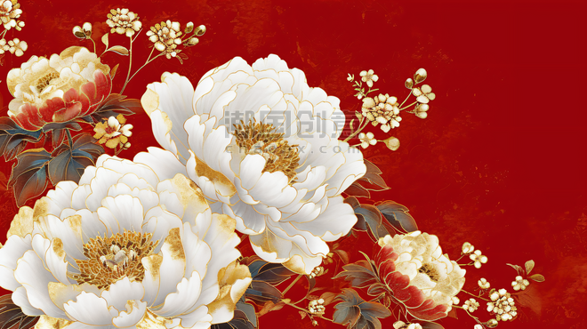 创意春节红色喜庆花开富贵国潮白色牡丹植物背景17