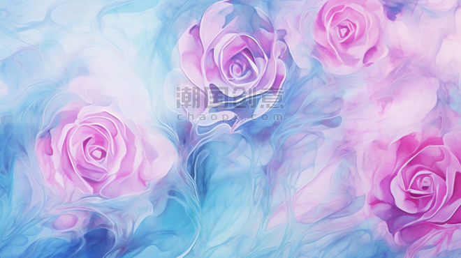 创意清新春天浪漫情人节蓝粉色水粉质感玫瑰背景