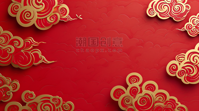 创意春节红色喜庆祥云红金色边框背景8