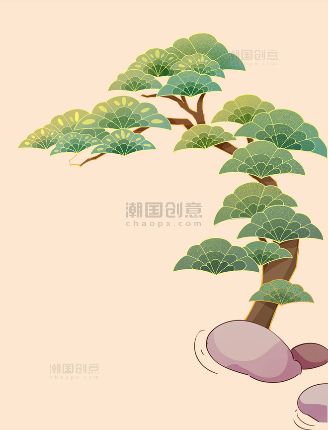 迎客松中国风手绘插画元素松树植物春节