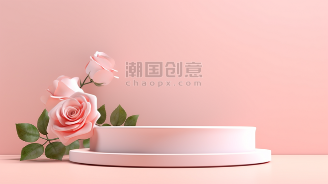 创意粉色春季美妆电商促销展台情人节花朵植物背景