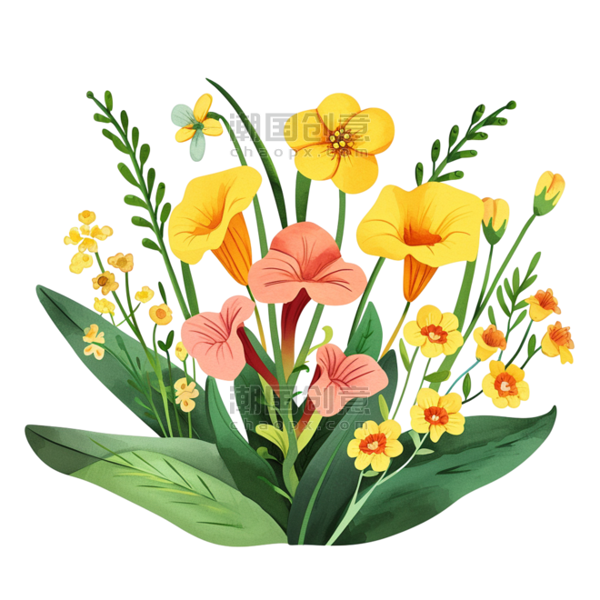 创意春天春季花朵免抠元素黄色红色喇叭花