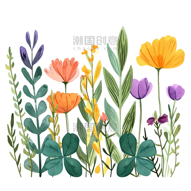 创意春天手绘花草春季花朵植物元素插画