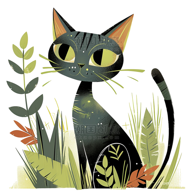 创意春天可爱扁平黑色小猫手绘绿植卡通元素