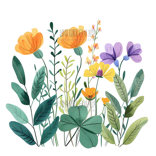创意元素春天花草植物花朵手绘插画