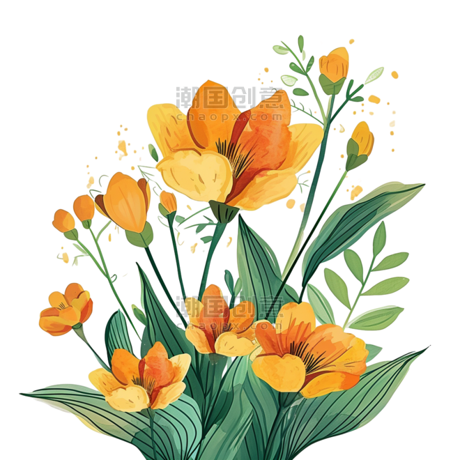 创意春天春季花朵插画黄色花草植物手绘元素