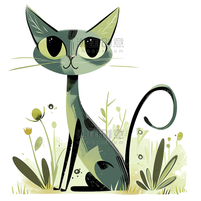 创意春天可爱扁平绿色小猫绿植卡通手绘元素