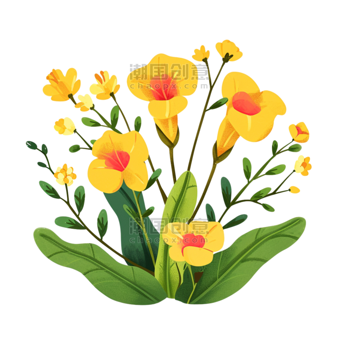 创意春天免抠黄色红色喇叭花春季花朵元素