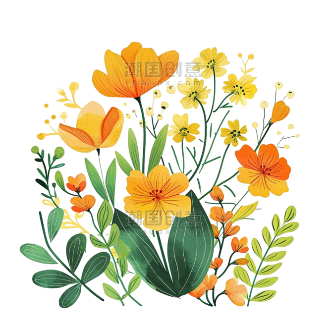 创意春季花朵黄色花草植物春天手绘插画元素